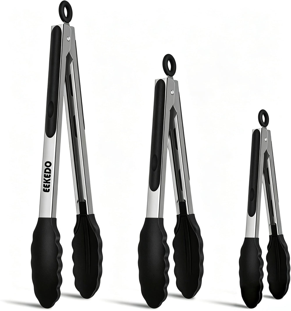 EEKEDO Kitchen Tongs 7-inch, 9-inch and 12-inch set in black