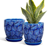EFISPSS 6 Inch Ceramic Plant Pot in Blue with Saucer