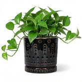 Eightpot 6 inch black ceramic plant pot front view with drainage saucer