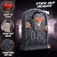 ELAMAS Animated Zombie Tombstone showing light-up eyes and creepy mouth
