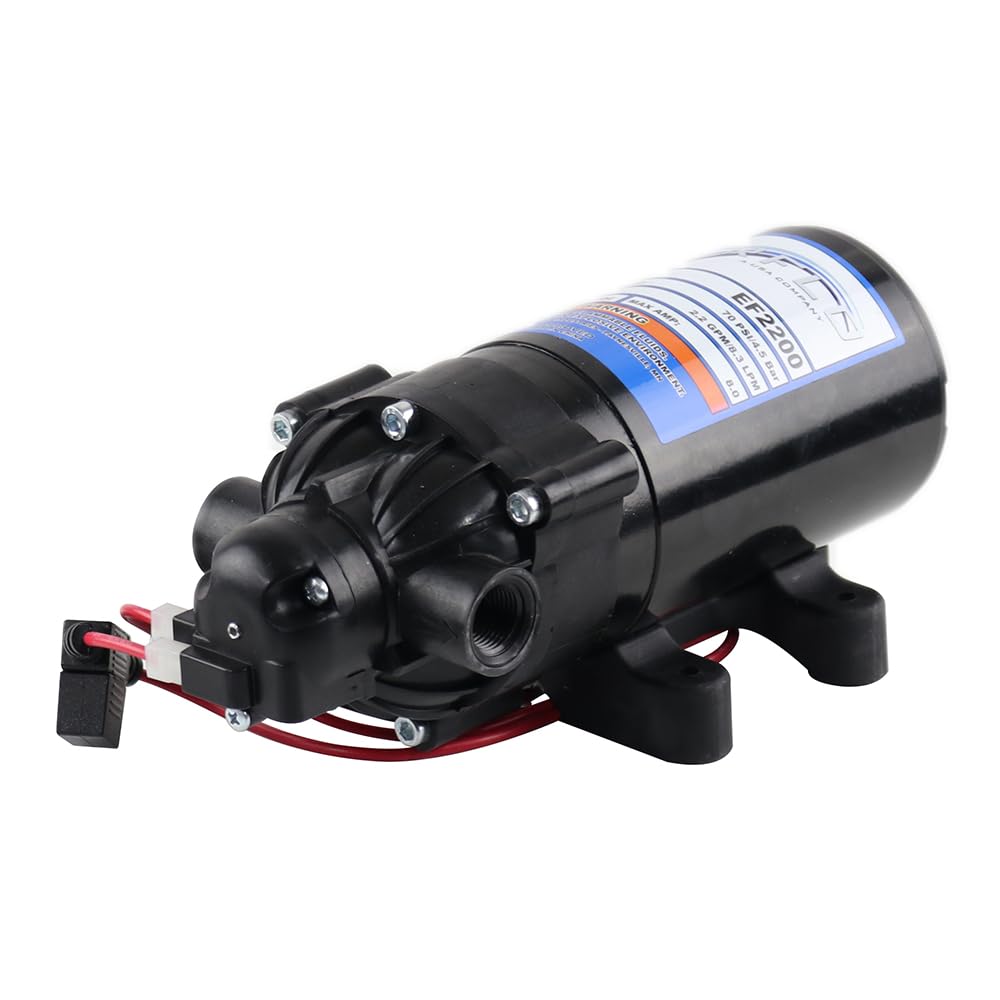 Everflo 12V diaphragm pump front view with black finish