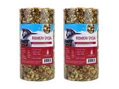 Evergreen Farm and Garden Birdseed Cylinder front view with red maple leaves