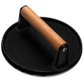 EWFEN 7-inch cast iron burger press with wooden handle front view
