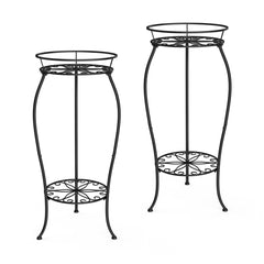 FaithLand 2 Tier Tall Plant Stand black metal front view