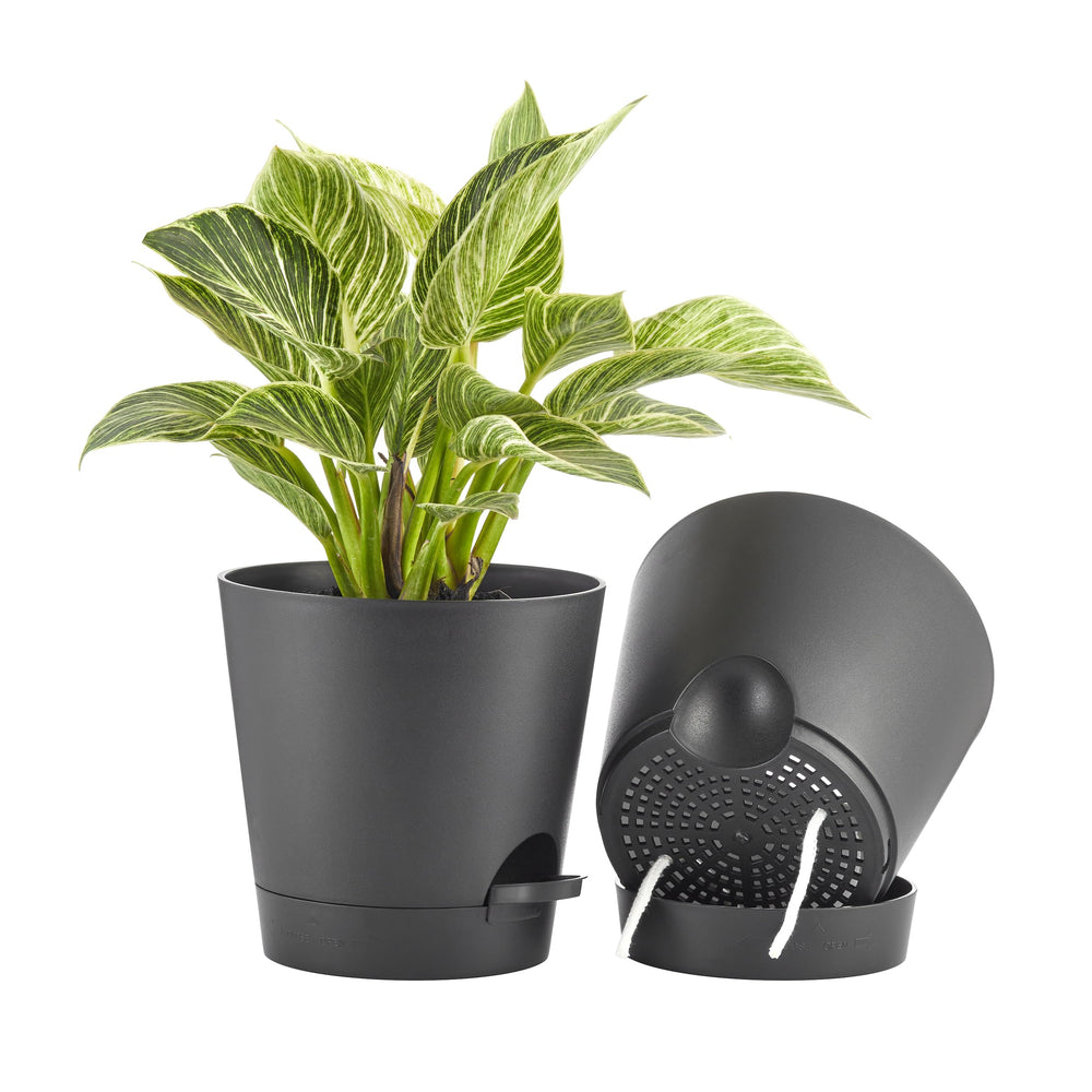 FaithLand 8 Inch black self-watering planter pot front view