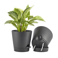 FaithLand 8 Inch black self-watering planter pot front view