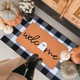 Fallovea Halloween Door Mat Set featuring Welcome Ghost design and plaid rug
