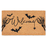 Fallovea Halloween Welcome Coir Doormat front view with bats and skeleton hands