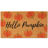 Fallovea Hello Pumpkin Coir Doormat front view with pumpkin design