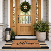 Fallovea Welcome Coco Coir Doormat with Black and Brown Striped Rug