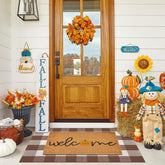 Fallovea Welcome Coco Coir Mat with Mocha and White Plaid Rug