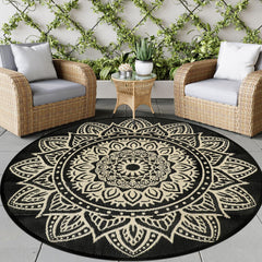 famibay 6 Ft Round Outdoor Rug in Black Camel, top view