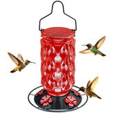 FibreDeep Glass Hummingbird Feeder front view with red glass and flower-shaped ports