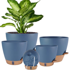 Fielda self-watering pot set in navy blue, 5-pack with various sizes