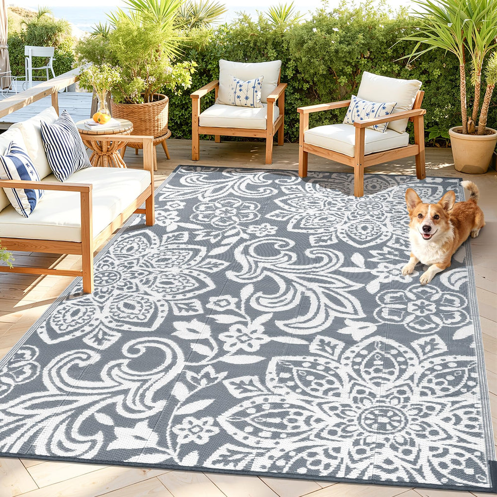 Findosom 5' x 8' waterproof outdoor rug in grey, front view