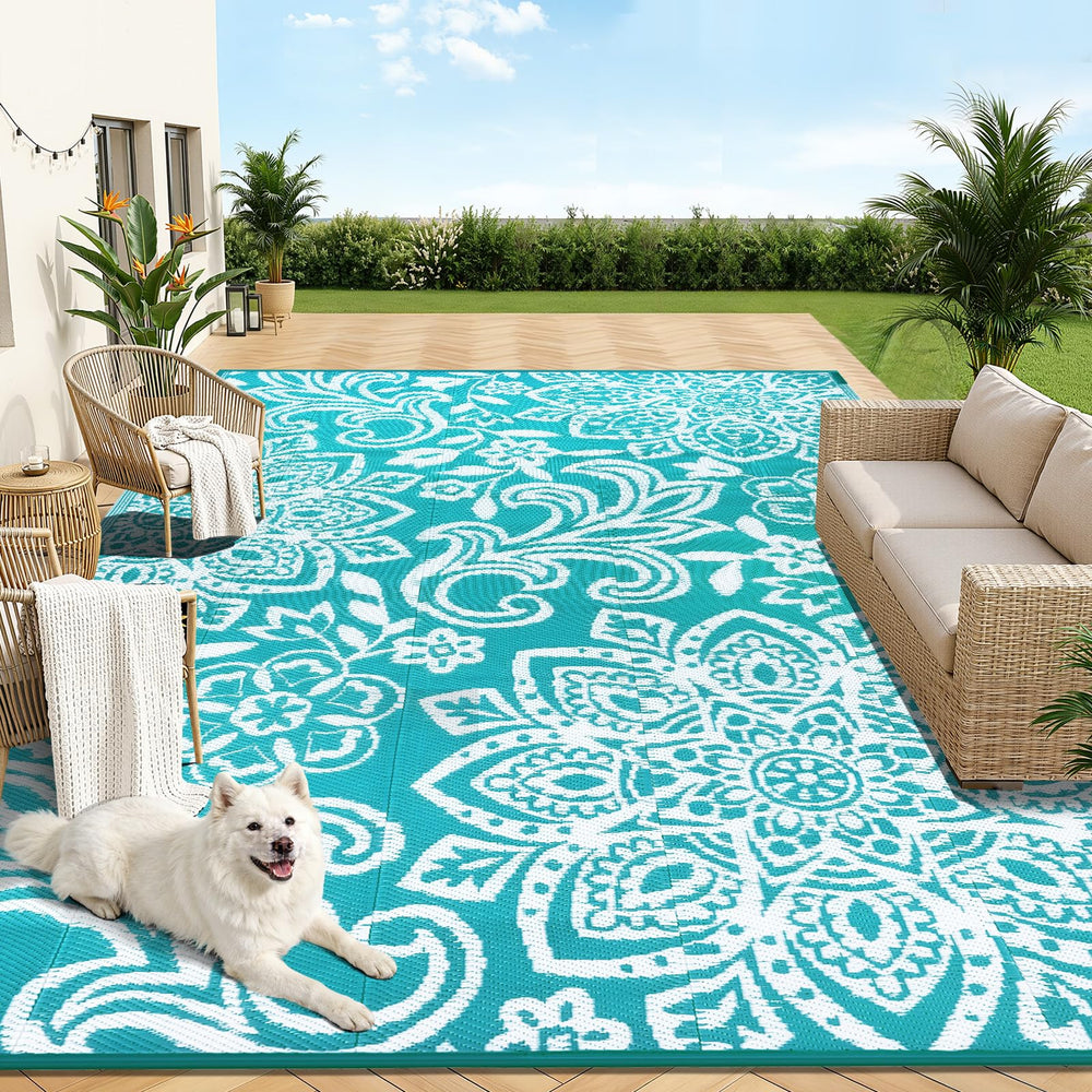 Findosom 9' x 12' Outdoor Rug in Blue Mandala design front view