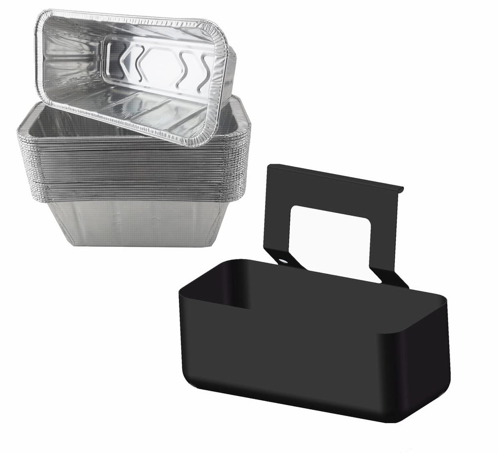 Firsgrill Replacement Grease Cup Foil Tray front view with black metal holder