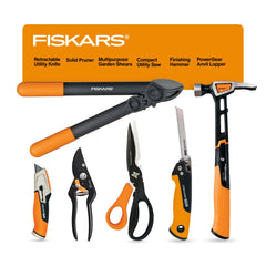 Fiskars 6-Piece Gardening Tool Set with tools laid out