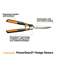 Fiskars PowerGear2 Hedge Shears packaging showing features