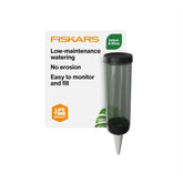 Fiskars Self-Watering Spike front view, transparent reservoir