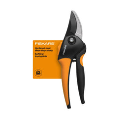 Fiskars SoftGrip Bypass Pruning Shears front view with black and orange design