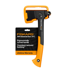 Fiskars X14 Universal Axe front view with orange and black design