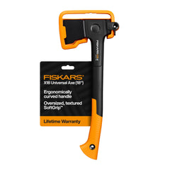 Fiskars X18 Universal Axe front view with black and orange design