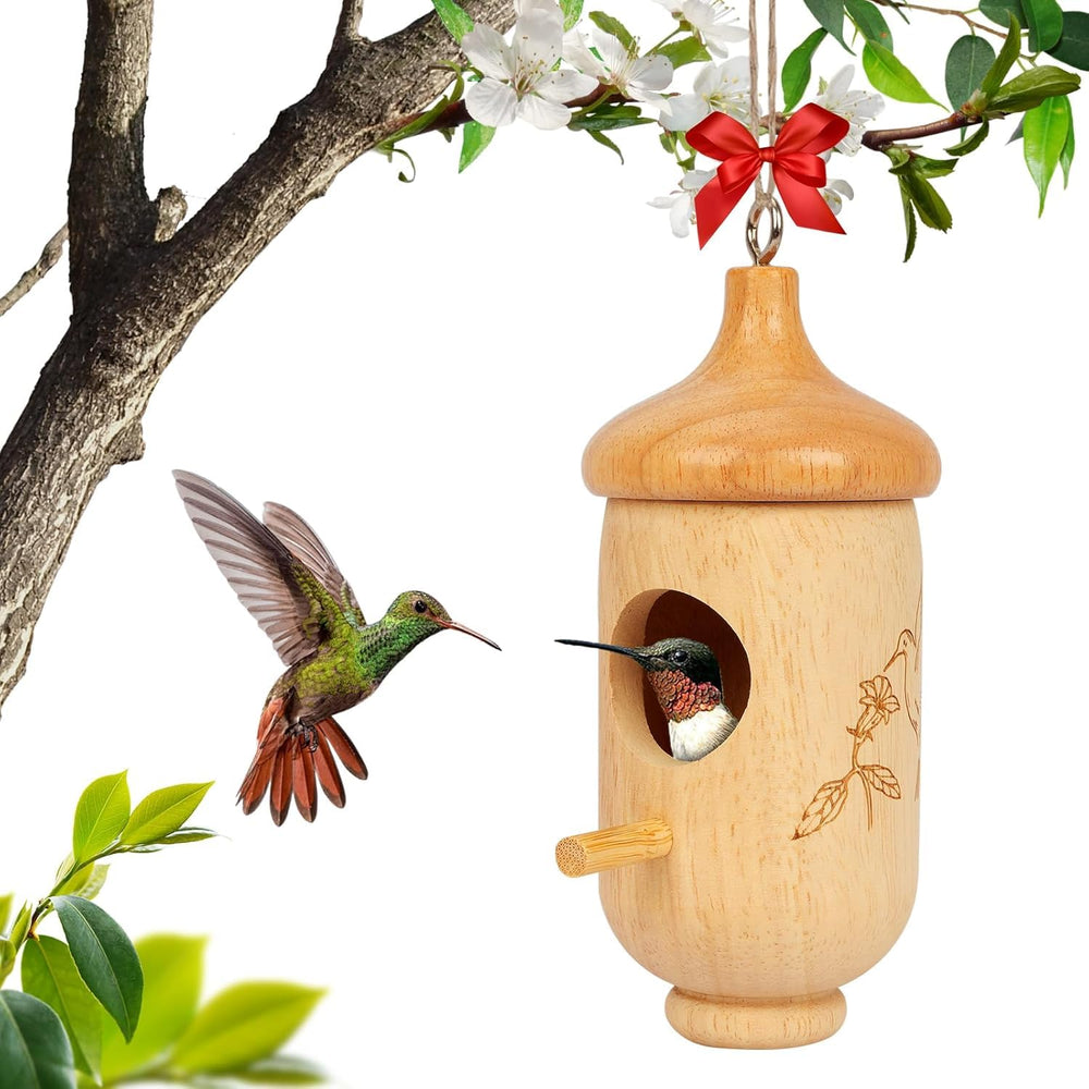 Fitraho Hummingbird House front view with vibrant red ribbons