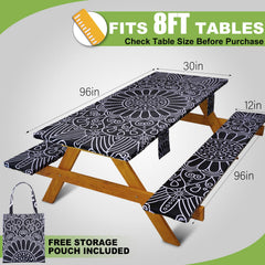 Fitted table cover in use on an outdoor picnic table