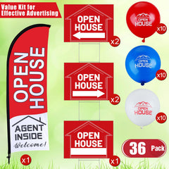Five directional open house signs displayed outdoors