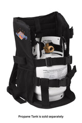 Flame King Propane Tank Backpack Carrier showing steel clips