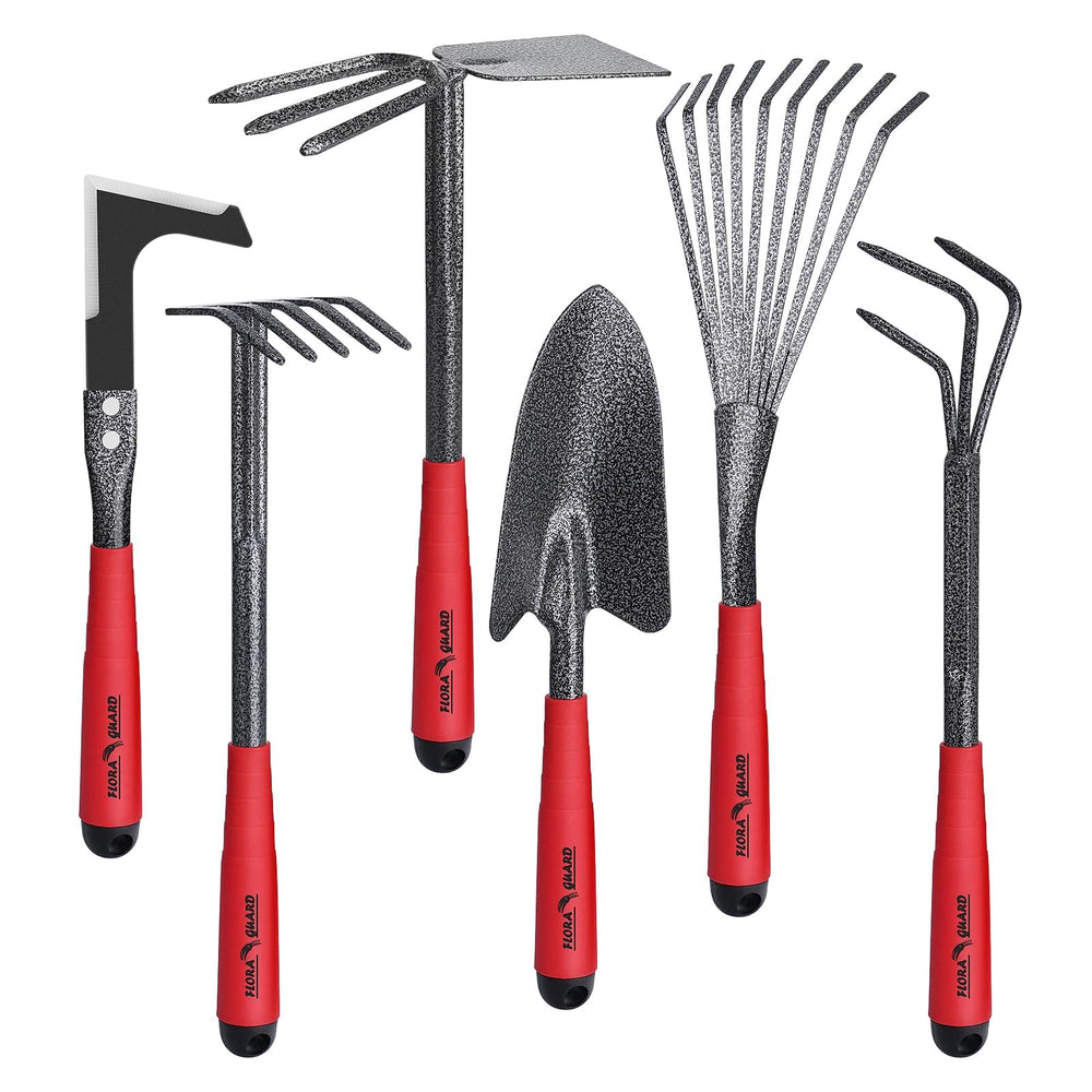 FLORA GUARD 6-piece garden tool set including trowel, rakes, and hoe