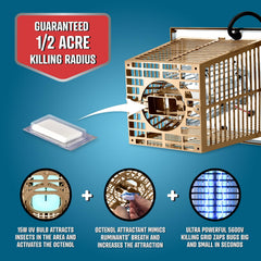 Flowtron Electric Bug Zapper with UV light on in outdoor setting