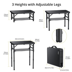 Folding camping table with adjustable height settings