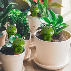 Frog shaped self watering spike inserted in a flower pot