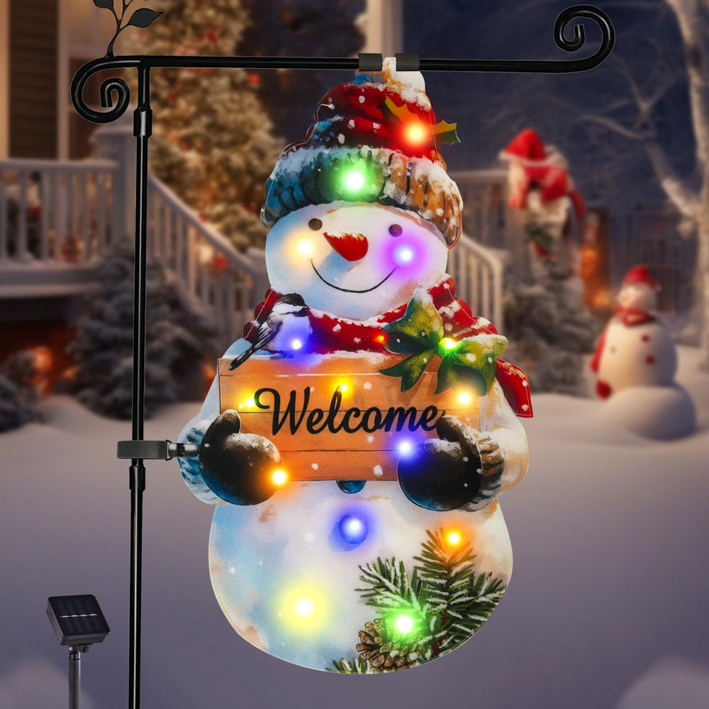 Front view of amadecohome lighted Christmas snowman garden flag