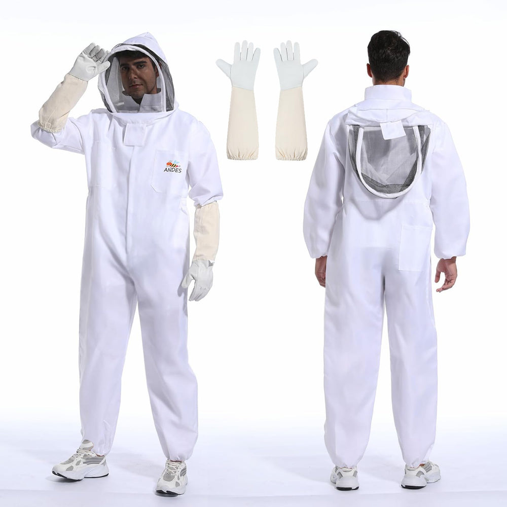 Front view of ANDES Sting Proof Bee Suit XL with gloves and veil