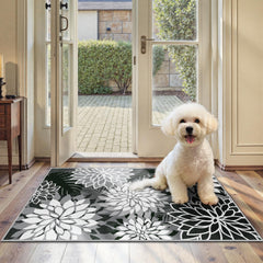 Front view of Arenarug Outdoor Rug 2' x 3' black floral pattern