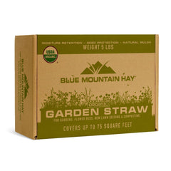 Front view of Blue Mountain Hay Organic Garden Straw Mulch 5lb packaging