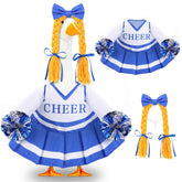 Front view of Celltestria cheerleader goose outfit with blue dress and yellow wig