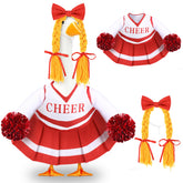 Front view of Celltestria Cheerleader Goose Outfit with red dress and yellow wig