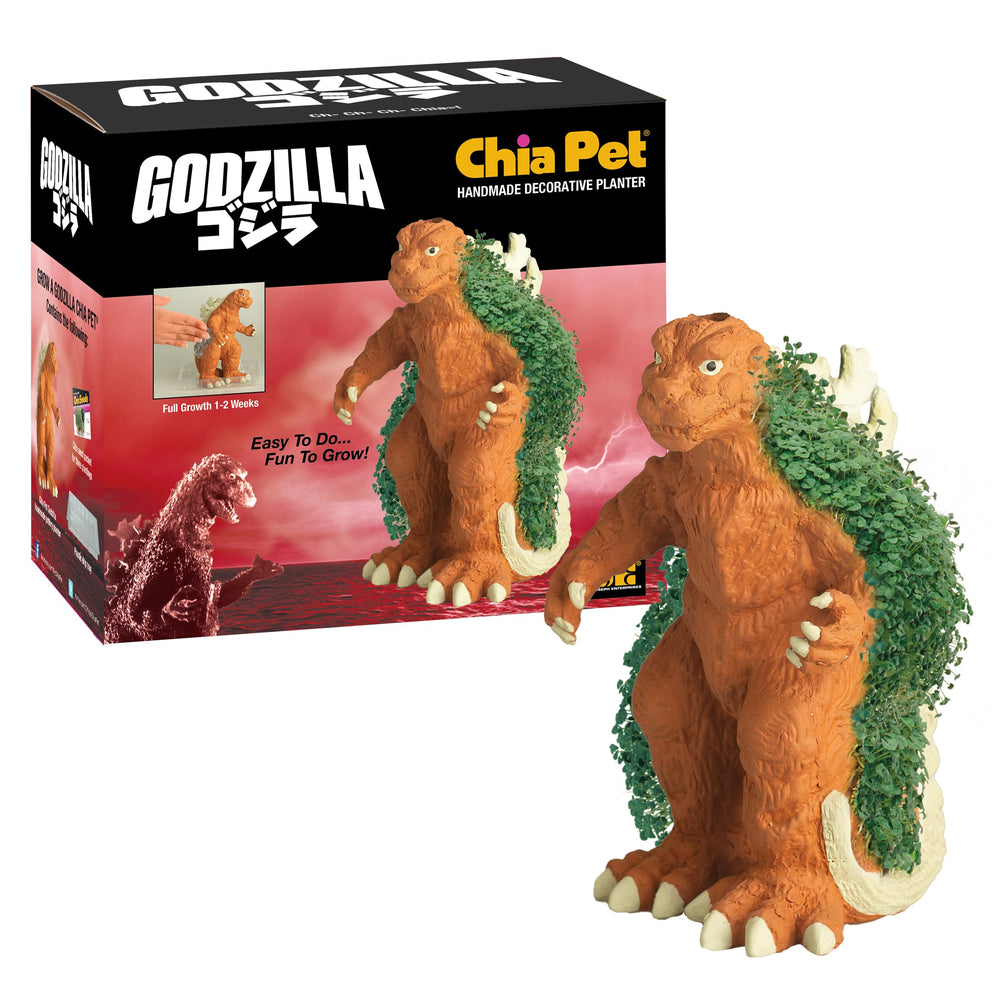 Front view of Chia Pet Godzilla terracotta planter with seeds