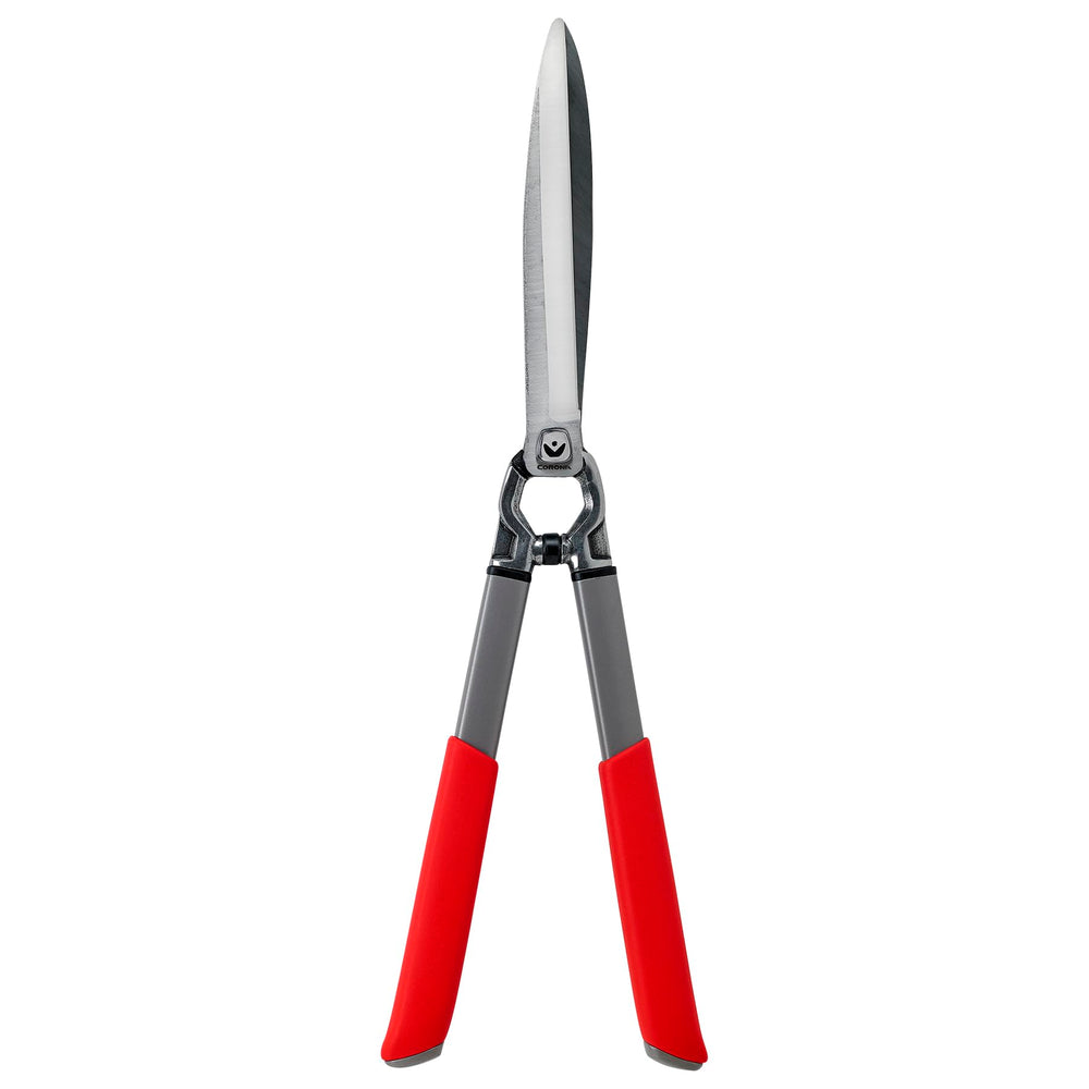 Front view of Corona Clipper 10-inch hedge shears with red handles