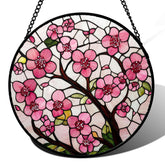 Front view of CRISGIF Pink Cherry Blossoms Stained Glass Suncatcher
