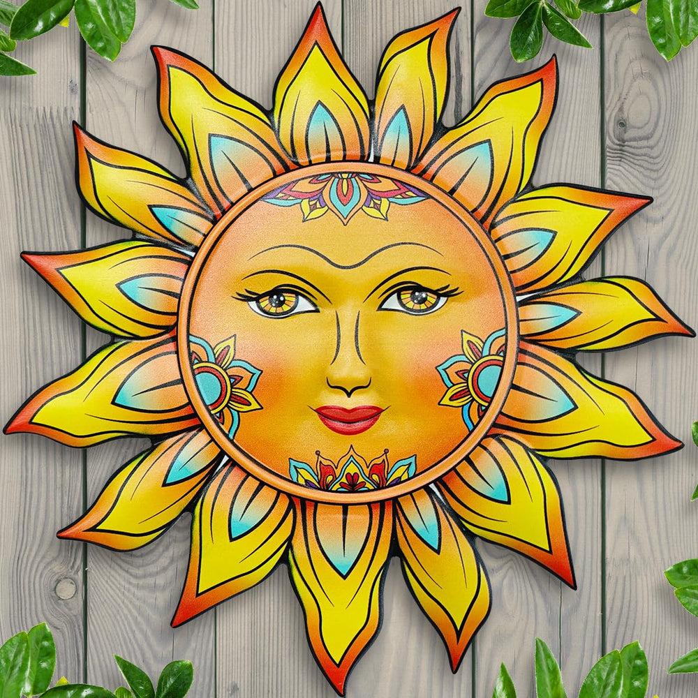Front view of Daogtc Metal Sun Flower Wall Decor with warm tones