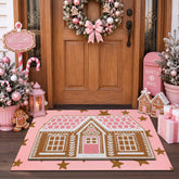 Front view of Drydiet Gingerbread Front Door Mat Set with pink gingerbread house design