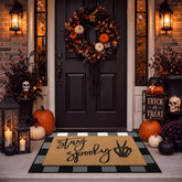 Front view of Drydiet Halloween Door Mat with buffalo plaid and skeleton pattern