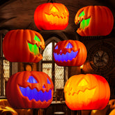 Front view of ELAMAS Halloween pumpkin lights in a yard