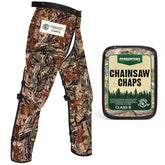 Front view of FORESTER Chainsaw Chaps in camo design