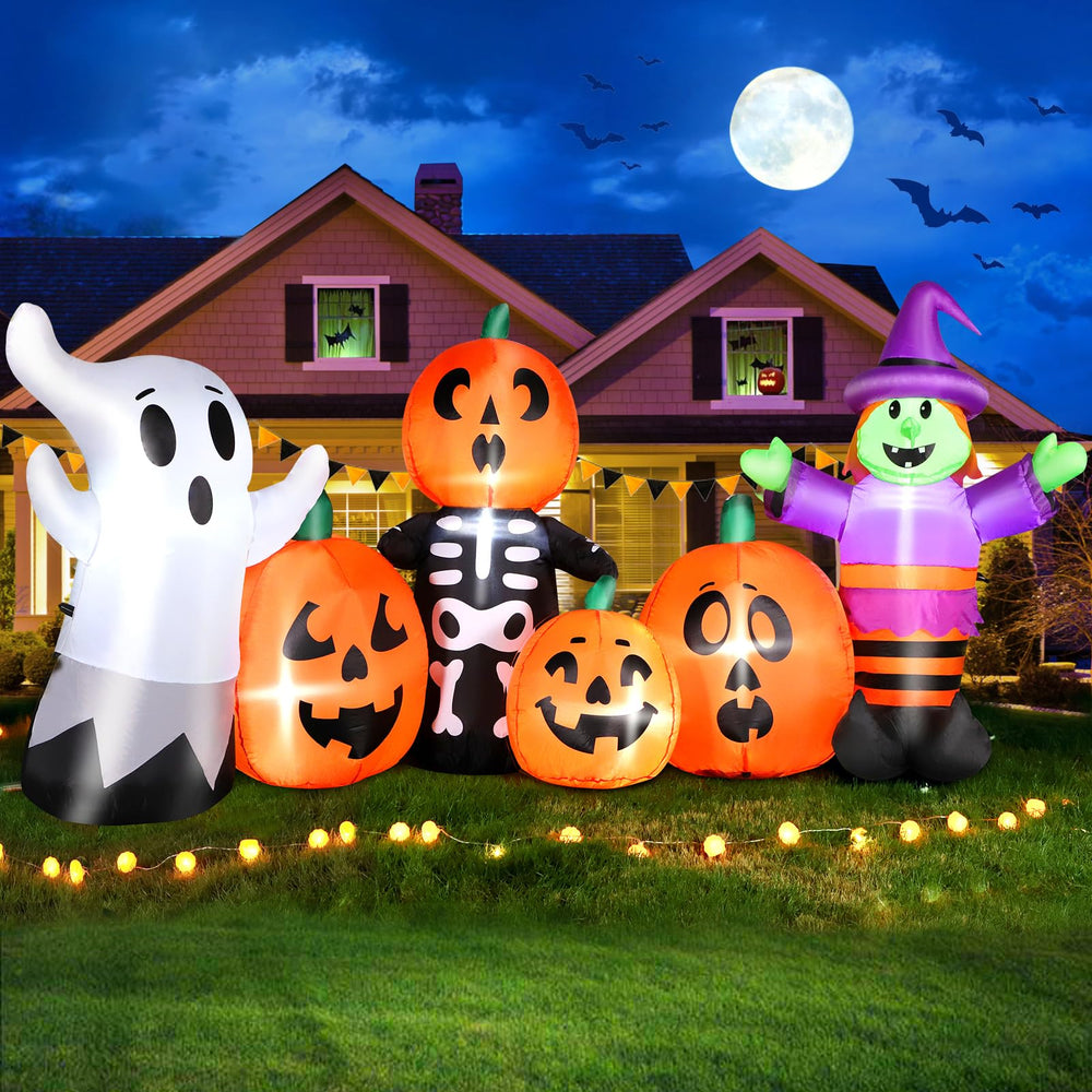 Front view of FunFanso 8 ft Halloween inflatable pumpkin and witch decoration